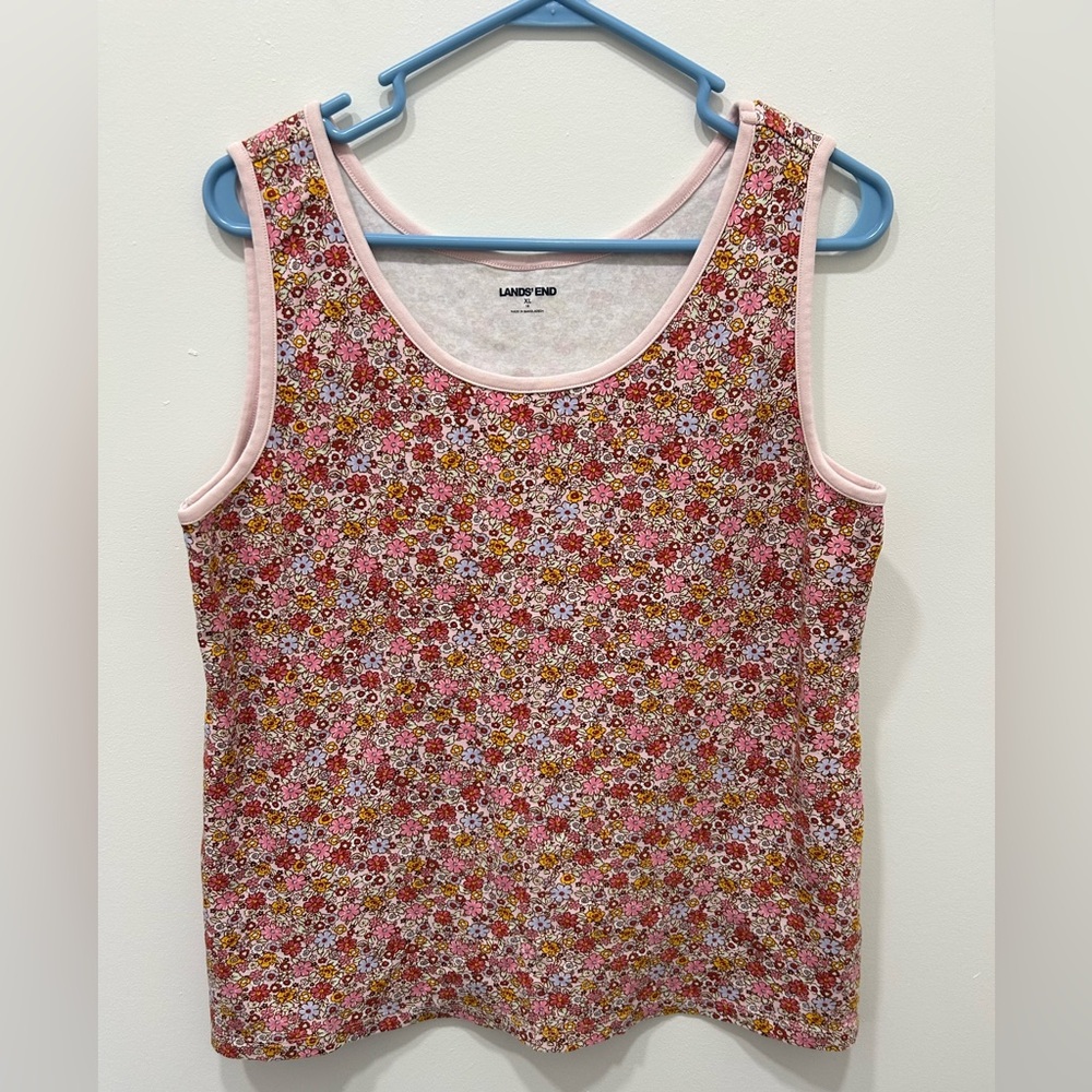 Land’s End Tank Top XL‎ Pink Floral Women’s Grandma Core Cotton Cropped